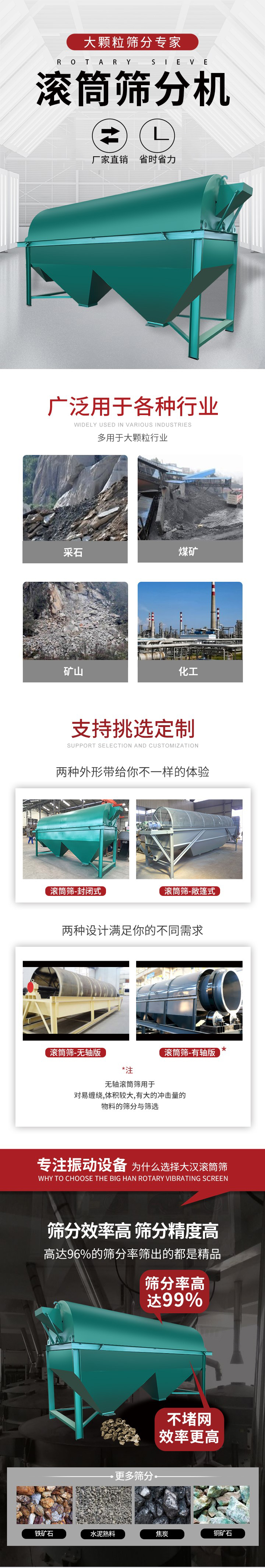 滾筒篩分機(jī)大顆粒篩分專家：廠家直銷，省時(shí)省力。滾筒篩被廣泛應(yīng)用各種行業(yè)：多用于大顆粒行業(yè)例如：采石，煤礦，礦山，化工等。滾筒篩定制類型有哪些：封閉式與敞篷式產(chǎn)品結(jié)構(gòu)分為：無(wú)軸式，有軸式兩種，無(wú)軸滾筒篩用于對(duì)纏繞，體積較大，有大的沖擊量的物料的篩分與篩選。滾筒篩篩分效率高篩分精度能夠達(dá)到：96%也比較適用于鐵礦石，水泥熟料，焦炭，銅礦石。滾筒篩特點(diǎn)：不飛粉末：密封隔離罩，密封性好，工作過(guò)程不會(huì)出現(xiàn)飛粉現(xiàn)象。外型尺寸是按筒體長(zhǎng)計(jì)
