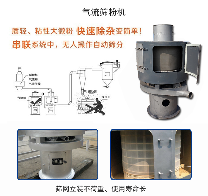 氣流篩粉機(jī)適用：質(zhì)輕，粘性大微粉采用串聯(lián)系統(tǒng)重，無(wú)人操作自動(dòng)篩分 特點(diǎn)：篩網(wǎng)立裝不負(fù)重，使用壽命長(zhǎng)。